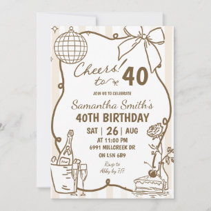 Beige Doodle Handwritten Champagne Cheers Birthday Invitation
