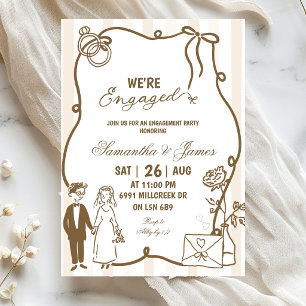 Beige Doodle Handwritten Champagne We're Engaged Invitation