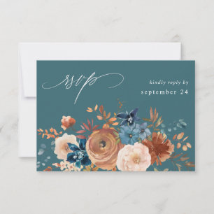 Beige & Dusty Blue Floral w Meal RSVP - Teal Card