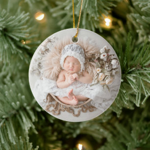 Beige Elegant Calligraphy My First Christmas Photo Ceramic Ornament