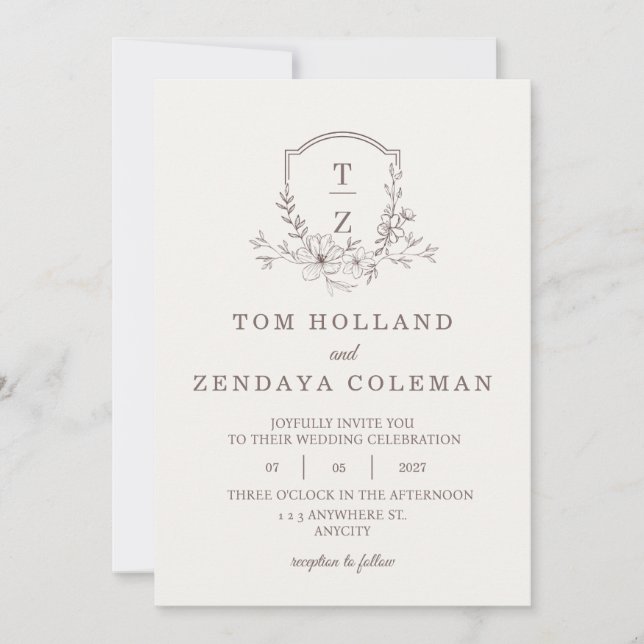 Beige Elegant Floral Monogram Wedding Invitation (Front)