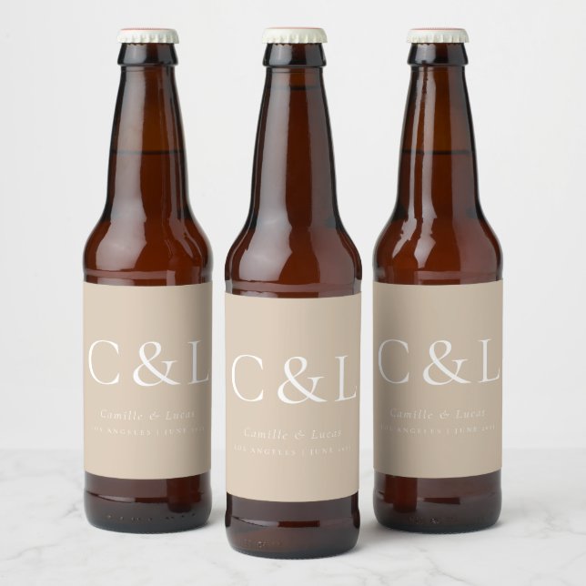 Beige Elegant Minimalist Wedding Monogram  Beer Bottle Label (Bottles)