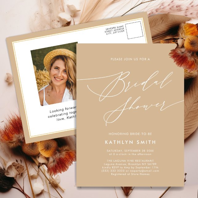 Beige Elegant Script Modern Bridal Shower Invitation Postcard (Creator Uploaded)