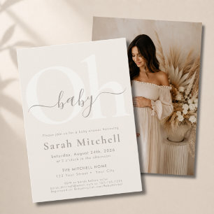 Beige Elegant Script Neutral Oh Baby Shower Photo Invitation