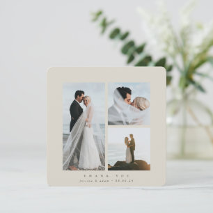 Beige Elegant Square Three Photo Wedding Flat Thank You Card