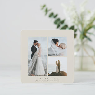 Beige Elegant Square Three Photo Wedding Flat Thank You Card