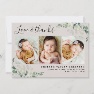Beige Eucalyptus 3 Photo Baby Birth Stats Thank You Card