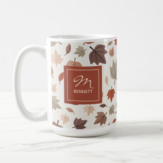 Beige Fall Foliage Monogram Name Thankful Coffee Mug (Left)