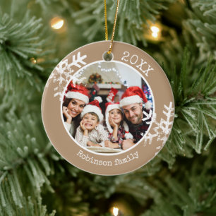 Beige Family Photo Snowflake Christmas Ornament