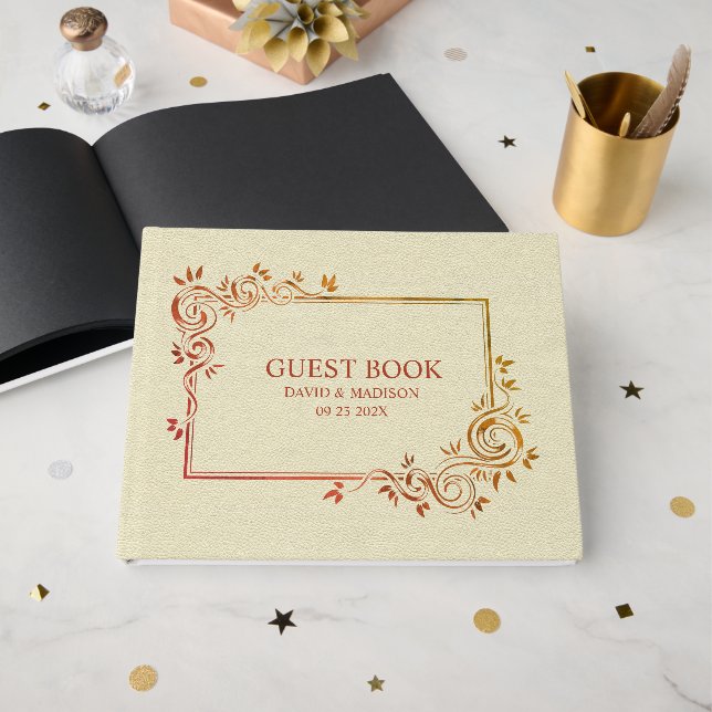 Beige Faux Leather Brown Frame Guest Book (Front Open)