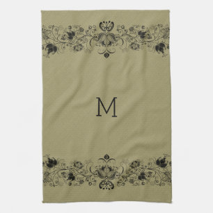 Beige Faux Linen & Black Swirls Lace Kitchen Towel