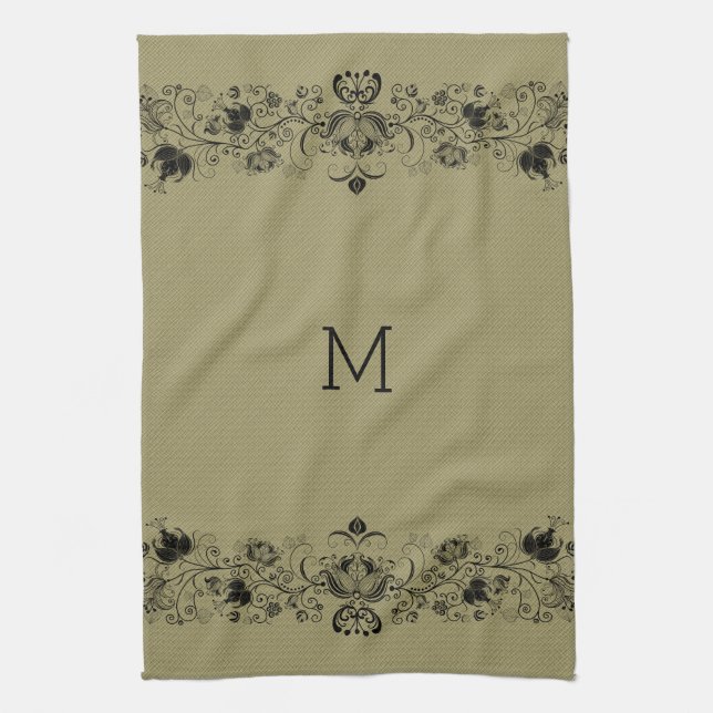 Beige Faux Linen & Black Swirls Lace Kitchen Towel (Vertical)