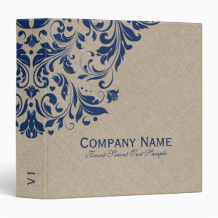 Beige Faux Linen Burlap Navy Blue Floral Swirls Binder