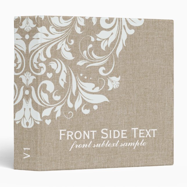 Beige Faux Linen Burlap White Floral Swirls Binder (Front/Spine)