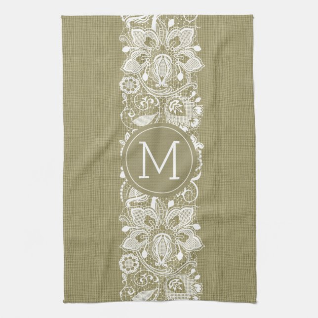 Beige Faux Linen & White Floral Lace Kitchen Towel (Vertical)