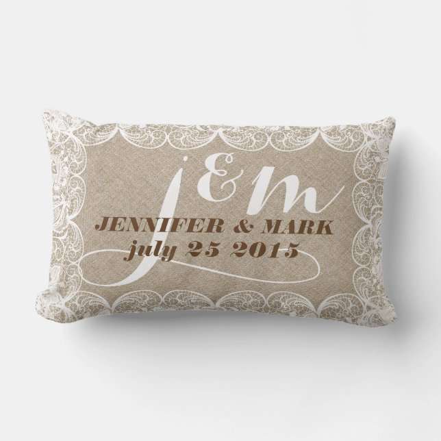 Beige Faux Linen & White Lace Wedding Pillow 2 (Front)