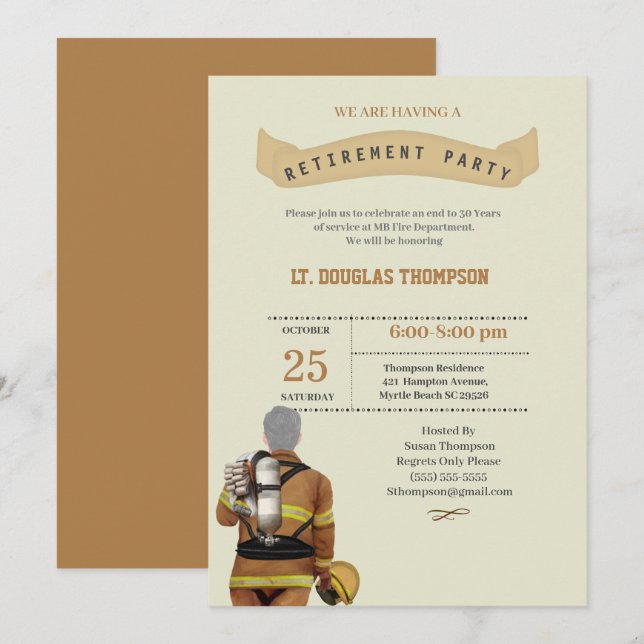 Beige  Firefighter  Retirement Party     Invitation (Front/Back)