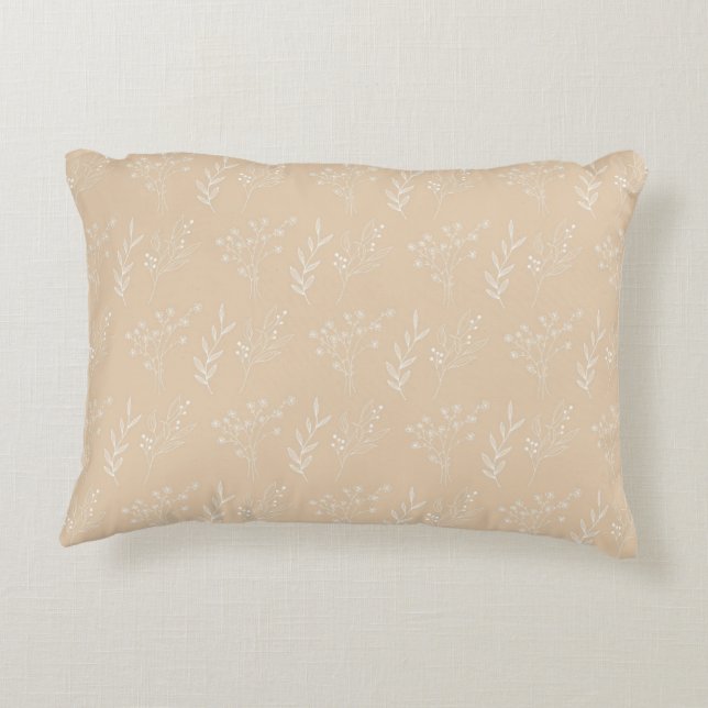 Beige Floral Bohemian Botanical Pattern Accent Pillow (Back)
