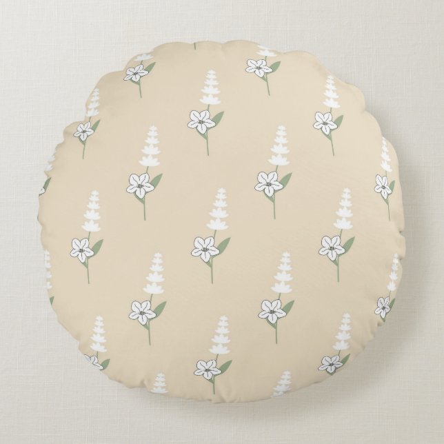 Beige Floral Bohemian Botanical Pattern Round Pillow (Front)