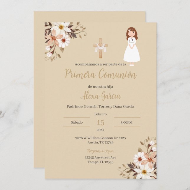 Beige floral First Communion Invitation (Front/Back)