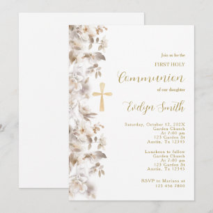 Beige floral First Communion Invitation