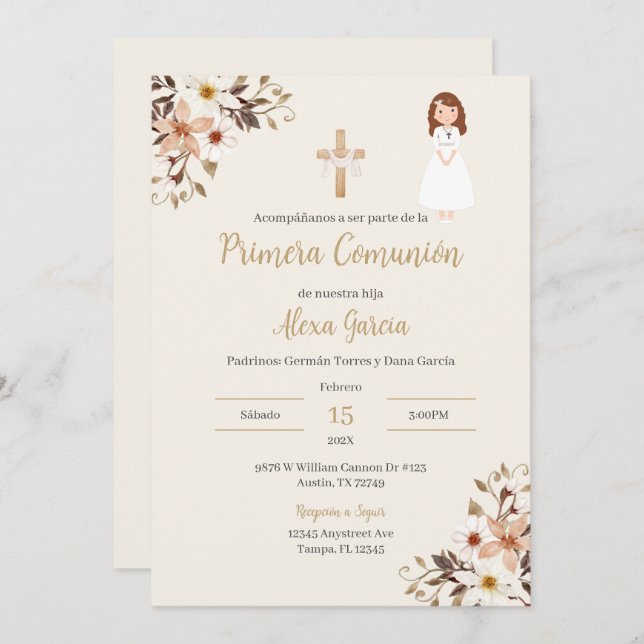 Beige floral First Communion Invitation (Front/Back)