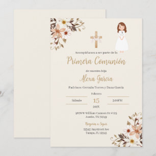 Beige floral First Communion Invitation