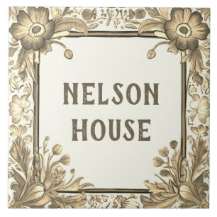 Beige Floral Flowers Custom House Name Plate Sign Tile