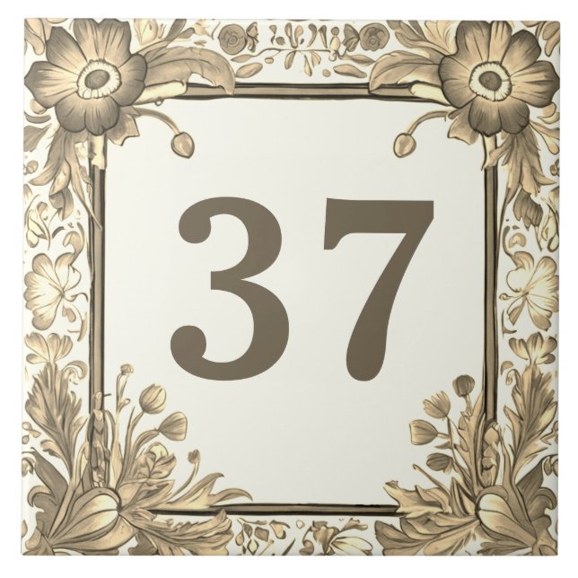 Beige Floral Flowers Custom House Number Sign Tile (Front)