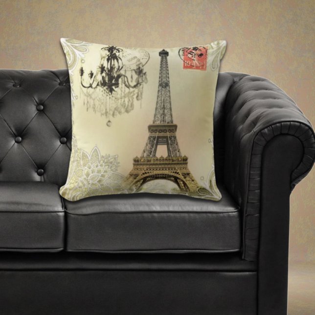 beige floral lace chandelier paris eiffel tower throw pillow (beige floral lace chandelier paris eiffel tower throw pillow)