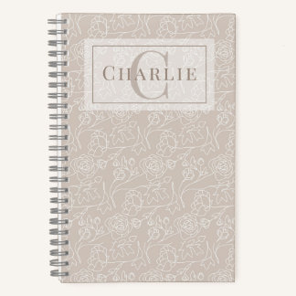 Beige Floral Line Art, Custom Monogram Pet Spiral Notebook