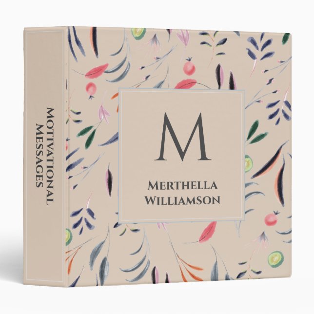 Beige Floral MONOGRAM Custom Personalized Binder (Front/Spine)