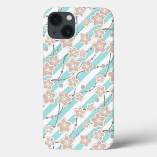 beige floral pattern on mint with white striped iPhone 13 case