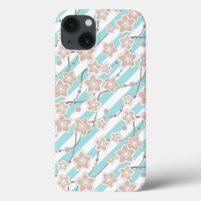 beige floral pattern on mint with white striped  Case-Mate iPhone case (Back)