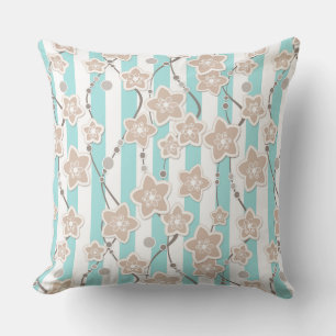 beige floral pattern on mint with white striped  throw pillow