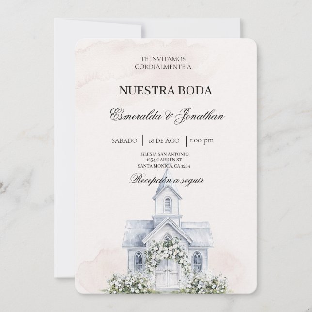 Beige Floral Spanish church Wedding Invitation (Devant)