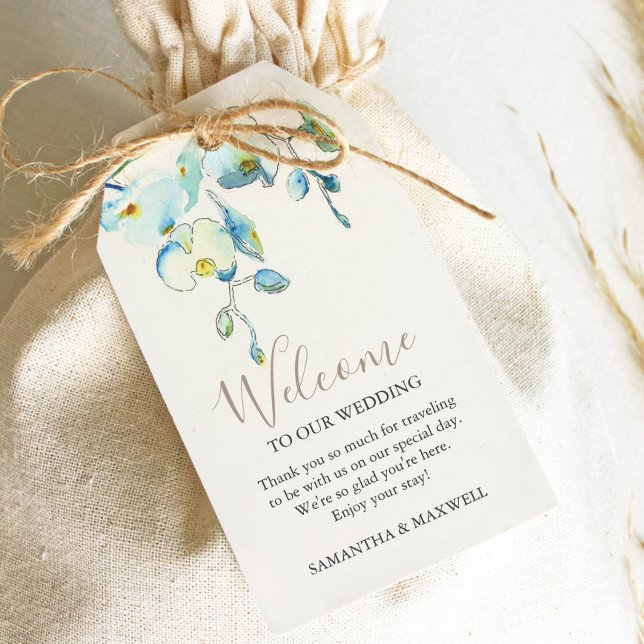 Beige Floral Welcome Gift Tags (Wedding favor tags watercolor and ink blue orchid flowers by Victoria Grigaliunas Do Tell A Belle)