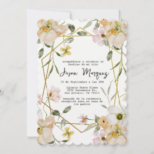beige flower with gold frame baptism invitation
