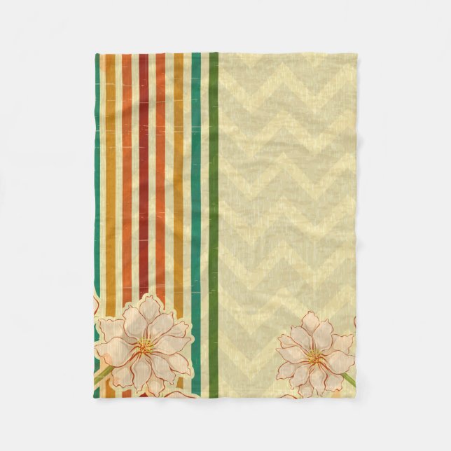 Beige Flowers And Colourful Stripes Fleece Blanket (Front)