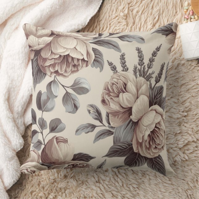 Beige Flowers Throw Pillow (Blanket)