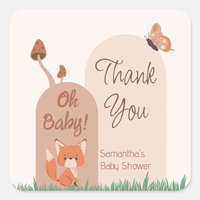 Beige Forest Themed Fox Baby Shower Square Sticker (Front)