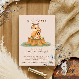 Beige Fox Watercolor Mom Baby Boy Shower Invitation