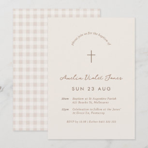 Beige Gingham Baptism Christening Cross Invitation