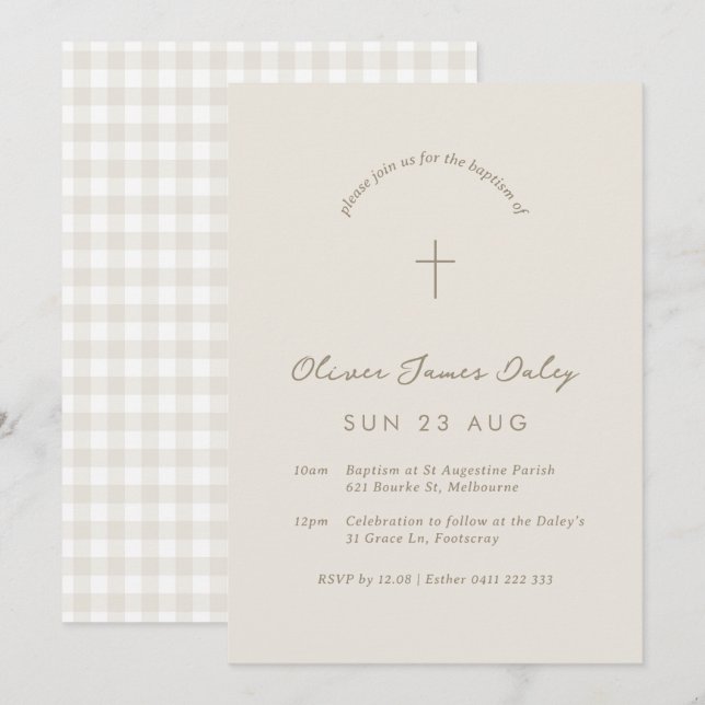 Beige Gingham Baptism Christening Cross Invitation (Front/Back)