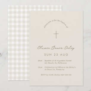 Beige Gingham Baptism Christening Cross Invitation
