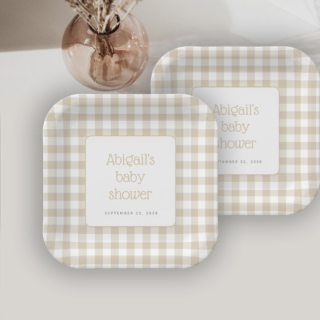 Beige Gingham Check Neutral Rustic Baby Shower Paper Plate (Creator Uploaded)