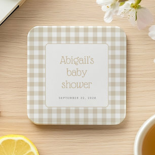 Beige Gingham Check Neutral Rustic Baby Shower Square Paper Coaster