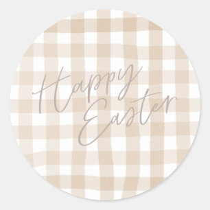 Beige gingham check pattern happy easter  classic round sticker
