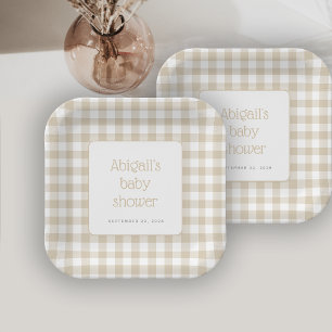 Beige Gingham Check Rustic Baby Shower Paper Plate