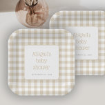 Beige Gingham Check Rustic Baby Shower Paper Plate<br><div class="desc">A classic beige gingham check pattern frames a white rectangle with rounded corners and a thin beige border, with the name of the mother-to-be and the words "baby shower" in charming beige typography. Add the date below in grey sans serif font. This gender-neutral design is deal for a girl's or...</div>